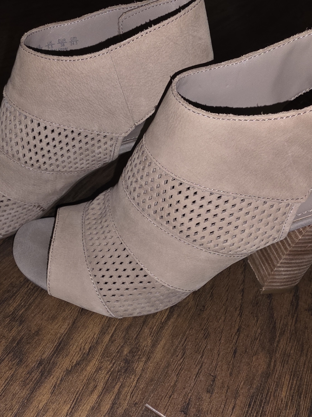Franco Sarto Taupe Perforated Peep-Toe Block Heel Mules